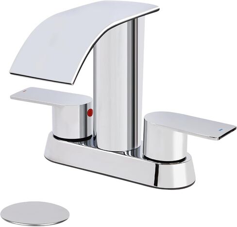 Two Handles Waterfall Bathroom Faucet, 4 Inch Centerset Sink Faucet, 2 or 3 Holes Bathroom Sink Faucet, Stainless Steel Lavatory Vanity Faucet with Pop Up Drain (Brushed Gold) in Saudi Arabia