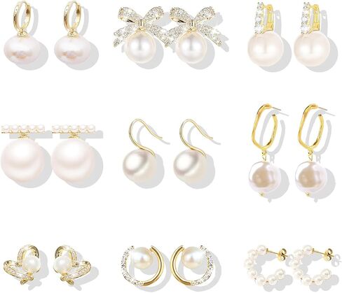 9 Pairs Pearl Stud Earrings for Women Pearl Hoop Huggie Earrings Rhinestone Bow Earrings Set Pearl Dangle Drop Earrigns Classical Heart Pearl Earrings Christmas Gifts for Girls in Saudi Arabia
