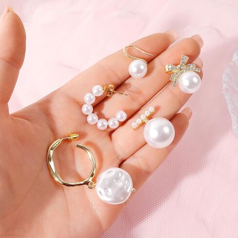 9 Pairs Pearl Stud Earrings for Women Pearl Hoop Huggie Earrings Rhinestone Bow Earrings Set Pearl Dangle Drop Earrigns Classical Heart Pearl Earrings Christmas Gifts for Girls in Saudi Arabia