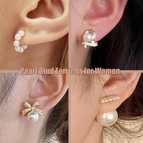 9 Pairs Pearl Stud Earrings for Women Pearl Hoop Huggie Earrings Rhinestone Bow Earrings Set Pearl Dangle Drop Earrigns Classical Heart Pearl Earrings Christmas Gifts for Girls in Saudi Arabia