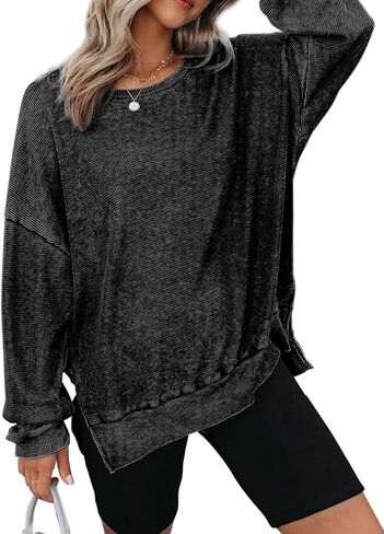 Dokotoo Womens Oversized Waffle Knit Crewneck Sweatshirts Long Sleeve Side Slits Casual Pullover Sweatshirt Tops in Kuwait
