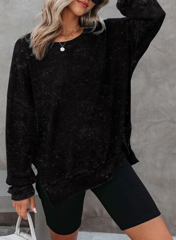 Dokotoo Womens Oversized Waffle Knit Crewneck Sweatshirts Long Sleeve Side Slits Casual Pullover Sweatshirt Tops in Kuwait