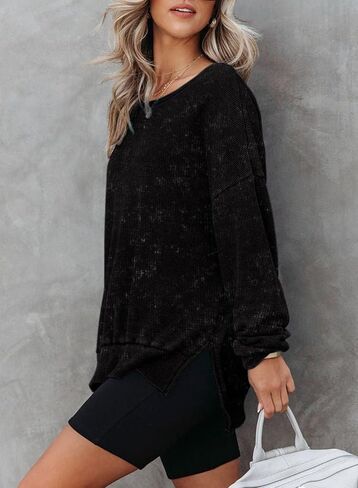 Dokotoo Womens Oversized Waffle Knit Crewneck Sweatshirts Long Sleeve Side Slits Casual Pullover Sweatshirt Tops in Kuwait