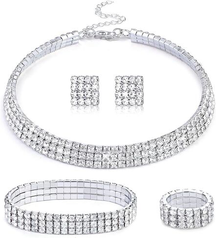 HAIAISO Rhinestone Crystal Jewelry Set Rhinestone Choker Necklace Rhinestone Earrings Rhinestone Stretch Bangle Bracelet Stretch Ring Bridal Party Jewelry in Saudi Arabia