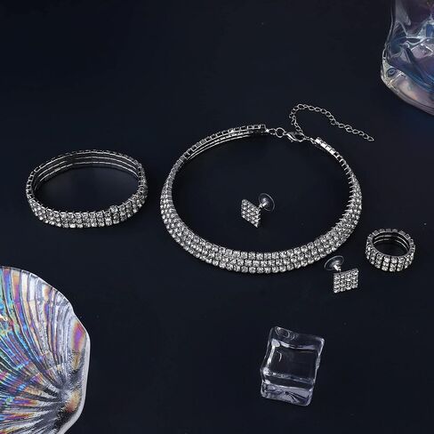 HAIAISO Rhinestone Crystal Jewelry Set Rhinestone Choker Necklace Rhinestone Earrings Rhinestone Stretch Bangle Bracelet Stretch Ring Bridal Party Jewelry in Saudi Arabia