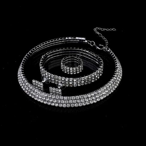 HAIAISO Rhinestone Crystal Jewelry Set Rhinestone Choker Necklace Rhinestone Earrings Rhinestone Stretch Bangle Bracelet Stretch Ring Bridal Party Jewelry in Saudi Arabia