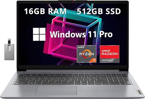 Lenovo IdeaPad 1 15.6" FHD Anti-Glare Laptop, AMD Ryzen 7 5700U, 16GB RAM, 512GB PCIe SSD, AMD Radeon Graphics, HD Webcam, WiFi 6, Bluetooth, Win 11 Pro, Cloud Gray, 32GB Hotface USB Card in Kuwait