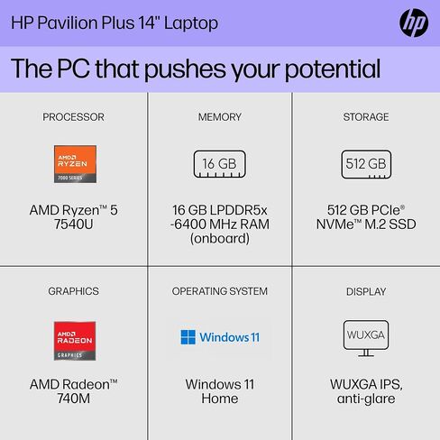 HP Pavilion Plus 14 inch Laptop, WUXGA Display, AMD Ryzen 5 7540U, 16 GB RAM, 512 GB SSD, AMD Radeon 740M Graphics, Windows 11 Home, 14-ey0010nr (2023) in Saudi Arabia