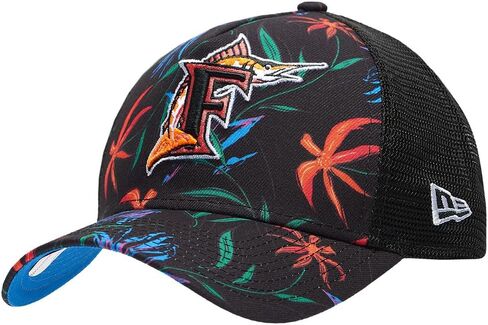قبعة سائق الشاحنة بطبعة زهور من New Era Miami Marlins 9FORTY A-Frame، قبعة سوداء in Saudi Arabia