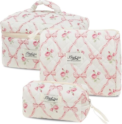 3PCS Quilted Floral Makeup Bag, Large Capacity Travel Cosmetic Bag, Cute Floral Makeup Bag Makeup Travel Organizer, for Women Girls (Pink) in Saudi Arabia