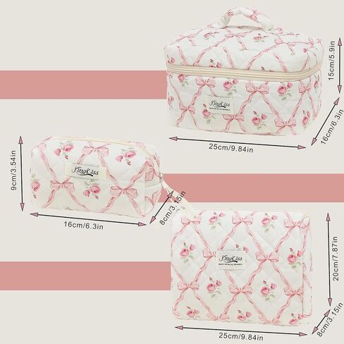 3PCS Quilted Floral Makeup Bag, Large Capacity Travel Cosmetic Bag, Cute Floral Makeup Bag Makeup Travel Organizer, for Women Girls (Pink) in Saudi Arabia