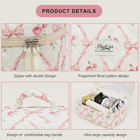3PCS Quilted Floral Makeup Bag, Large Capacity Travel Cosmetic Bag, Cute Floral Makeup Bag Makeup Travel Organizer, for Women Girls (Pink) in Saudi Arabia