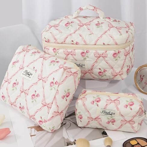 3PCS Quilted Floral Makeup Bag, Large Capacity Travel Cosmetic Bag, Cute Floral Makeup Bag Makeup Travel Organizer, for Women Girls (Pink) in Saudi Arabia