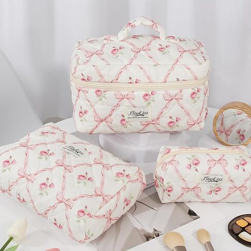 3PCS Quilted Floral Makeup Bag, Large Capacity Travel Cosmetic Bag, Cute Floral Makeup Bag Makeup Travel Organizer, for Women Girls (Pink) in Saudi Arabia