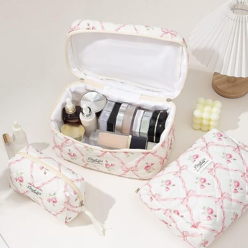 3PCS Quilted Floral Makeup Bag, Large Capacity Travel Cosmetic Bag, Cute Floral Makeup Bag Makeup Travel Organizer, for Women Girls (Pink) in Saudi Arabia