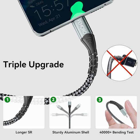 كابل FEMORO Micro USB بطول 6 أقدام، كابل USB من النوع A إلى Micro USB 2.0 لنقل البيانات والشحن سلك Android مضفر بقوة 12 وات متوافق مع MicroUSB Kindle للهواتف الذكية اللوحية ومكبر صوت بلوتوث MP3 in Kuwait