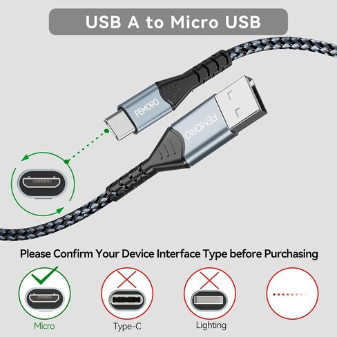 كابل FEMORO Micro USB بطول 6 أقدام، كابل USB من النوع A إلى Micro USB 2.0 لنقل البيانات والشحن سلك Android مضفر بقوة 12 وات متوافق مع MicroUSB Kindle للهواتف الذكية اللوحية ومكبر صوت بلوتوث MP3 in Kuwait