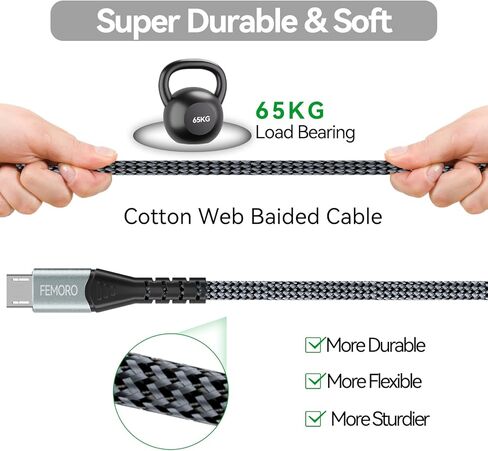 كابل FEMORO Micro USB بطول 6 أقدام، كابل USB من النوع A إلى Micro USB 2.0 لنقل البيانات والشحن سلك Android مضفر بقوة 12 وات متوافق مع MicroUSB Kindle للهواتف الذكية اللوحية ومكبر صوت بلوتوث MP3 in Kuwait