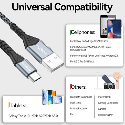 كابل FEMORO Micro USB بطول 6 أقدام، كابل USB من النوع A إلى Micro USB 2.0 لنقل البيانات والشحن سلك Android مضفر بقوة 12 وات متوافق مع MicroUSB Kindle للهواتف الذكية اللوحية ومكبر صوت بلوتوث MP3 in Kuwait
