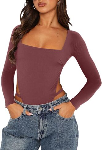 بدلة للجسم نسائية من AGECODE برقبة مربعة وأكمام طويلة مثيرة ذات قصة عالية بدون ظهر in Kuwait