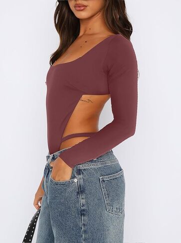 بدلة للجسم نسائية من AGECODE برقبة مربعة وأكمام طويلة مثيرة ذات قصة عالية بدون ظهر in Kuwait