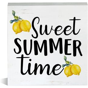 Farmhouse Sweet Summer Time Wooden Box Sign Summer Lemon Theme Wood Block Tabletop Sign Decorative Desk Sign Home Office Shelf Decor 5 X 5 Inches