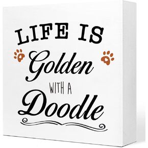 Life is Golden With a Doodle Wooden Sign Desk Decor,Rustic Pet Wood Block Sign Desk Decorations for Dog Mom Home Bedroom Living Room Girls Room Shelf Table Decor Gifts