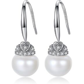 925 Sterling Silver Handpicked AAA+ Quality Freshwater Cultured Pearl Earrings for Women, CZ Cubic Zirconia S925 Fishhook Drop Dangle Ear Hook With Gift Box