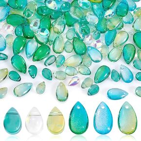 AHANDMAKER 120Pcs Teardrop Glass Beads, 6 Colors Transparent Crystal Beads Loose Beads, Top Drilled Waterdrop Glass Beads for Saint Patrick's Day DIY Bracelets Necklace Jewelry Making, 13.5x8mm/9x6mm