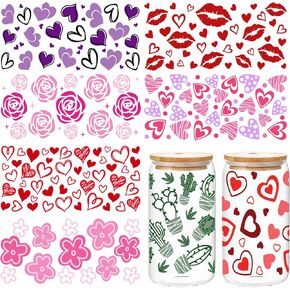UV DTF Cup Wrap,8Sheet Cute Flowers Hearts Plant lips Design UVDTF Cup Wraps Rub On Transfers Stickers For Glass Cups Floral Cactus Cup Decals UV DTF Transfer Sticker Rub On Transfers For Crafts Decor