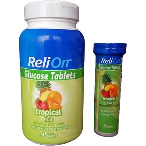 ReliOn Glucose, 50 Tablets with On-The-Go Tube, 10 Tablets. (Tropical Fruit)