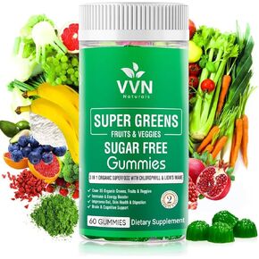 Sugar-Free Real Organic Fruits, Super Greens and Veggies Gummies | 35+ Nutritious & Healthy Greens, Fruits, and Vegetables for Improved Immunity, Skin Health & Energy Boost|60 Vegan Gummies