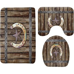 Rustic Farmhouse Memory Foam Bath Rug 3 pc Rusty Horseshoe Texas Star on Old Barn Wooden Garagedoor Vintage Western Country Cabin Bathroom Rug Set,Bath Mat,U-Shape Contour Rug,Toilet Lid Cover