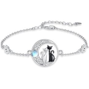 TRISHULA Cat Bracelet 925 Sterling Silver Cat with Moonstone Bracelet Crescent Moon Bracelet Sister Bracelets Animal Bracelet Black Cat Jewelry Gifts for Mother's Day for Women