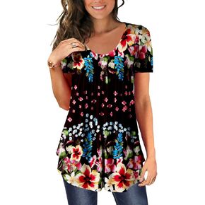 BeadChica Women's Casual Tunic Tops To Wear With Leggings Short Sleeve Loose Henley Blouses Flowy Botton Up TShirts