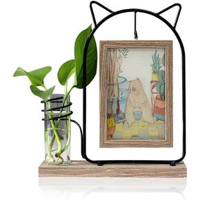 Black Metal Cat Head Shape Double-Sided Hanging Picture Frame Brown Holds 2 Pcs 4x6 Inch Vertical Photos With Glass Front for Desk,With Hydroponics Plants Glass Vase-Wedding