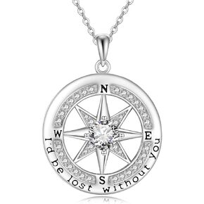 Compass Necklace for Women Sterling Silver Necklace Gifts for Wife - Wife Gifts, Gifts for Her - Wedding Anniversary for Wife, Wife Birthday Gift Ideas, Valentines Day Gifts for Her, Wife Valentines Day Gifts - I Love You Gifts for Her