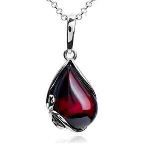 Women Cherry Amber Sterling Silver Pendant Necklace Chain 46 cm 18 inches