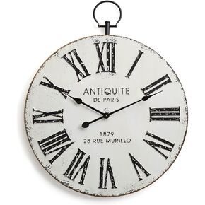 NIKKY HOME Large Wall Clock Silent Vintage Distressed White Metal Decorative Iron Old Town Industrial Style Wall Hanging Clock - 24"