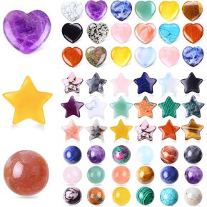 30Pcs Natural Heart Stones Worry Stones & Star Shaped Crystal Palm Hand Carved Crystals & Sphere Shaped - Worry Stones Bluks for Yoga Meditation Reiki Chakra Decoration DIY Energy Beginners