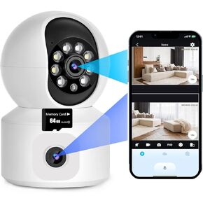 Dual Lens Security Camera, 1080P 2K 4MP Camera 360°PTZ Smart Security Pet/Dog/Baby Monitor Support Night Vision,Motion Detection,Auto Tracking,Alarm,Two-Way Talking,with 64GB
