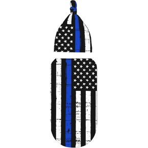 Baby Newborn Swaddle Blanket with Beanie Hat- American Blue line USA Police Stars Flag Pattern Receiving Blanket Sleep Sack for Girls Boys Infant Gifts