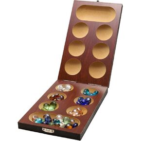 Mancala Board Game with Folding Wooden Board and Colorful Glass Stones for Adults and Kids