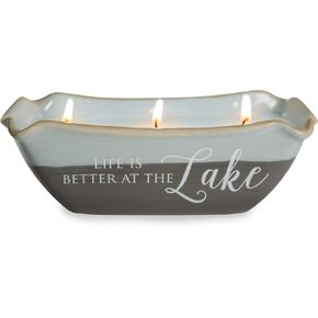 Pavilion Gift Company Lake Best Times-Ceramic Boat Shaped 3 Lead Free Triple Wick Soy Wax Candle Scent: Tranquility, 10 oz 2.75 Inch Tall, Beige