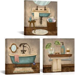 VANSEEING Bathroom Picture Wall Decor Bathtub Towel Soap Spa Still Life Vintage Style Art Print on Canvas Stretched and Framed for Washroom Toilet Home Decorations 12x12inchx3pcs