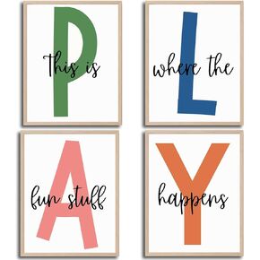 4Pcs Kids Playroom Wall Art Childrens Playroom Canvas Posters Prints Boy Kids Room Let's Play Wall Decor Pictures Toddler Nursery Bedroom Artwork Decoration Unframed