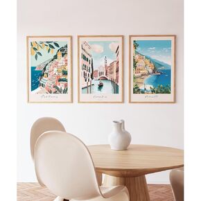 Italy Amalfi Coast Wall Art Italian City Canvas Wall Decor Italy Travel Landscape Wall Art Posters Blue Venice Beach Painting Pictures Italian Modern Artwork for Home 16x24 Inch Unframed Set of 3