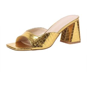 Women’s Heeled Sandals Block Chunky Heels Square Toe Slip On Dress Party Casual Pumps Mules Sandals Gold Silver US5-11