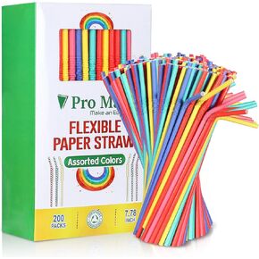 Pro Mael Paper Drinking Straws, Flexible Straws for Juices, Shakes, Smoothies, Disposable Straw for Birthdays, Weddings & Party (200 Pack, 5 Colors)
