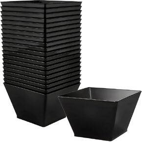 Lillian Tablesettings Plastic 8 oz | Black Rectangles Servingware | Pack of 20 Party Bowls, 3.5 x 3.5 x 1.75 inches